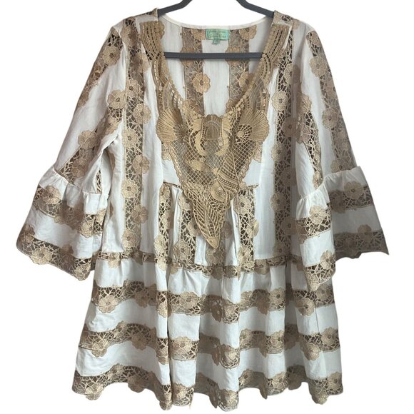 Antica Sartoria By Giacomo White Metallic Gold Lace Tunic Babydoll Short Dress - Picture 6 of 13